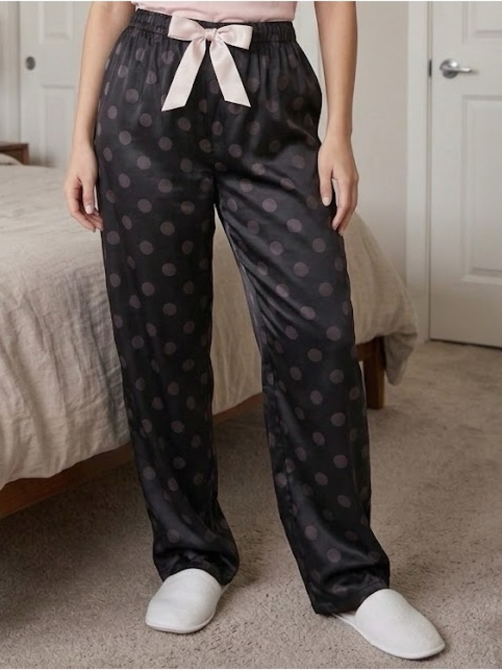 Tahari Black Satin Polka Dot Pajama Pants with Pink Bow Waist Tie